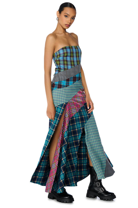 Celenor Strapless Plaid Patchwork Front Slit Maxi Dress