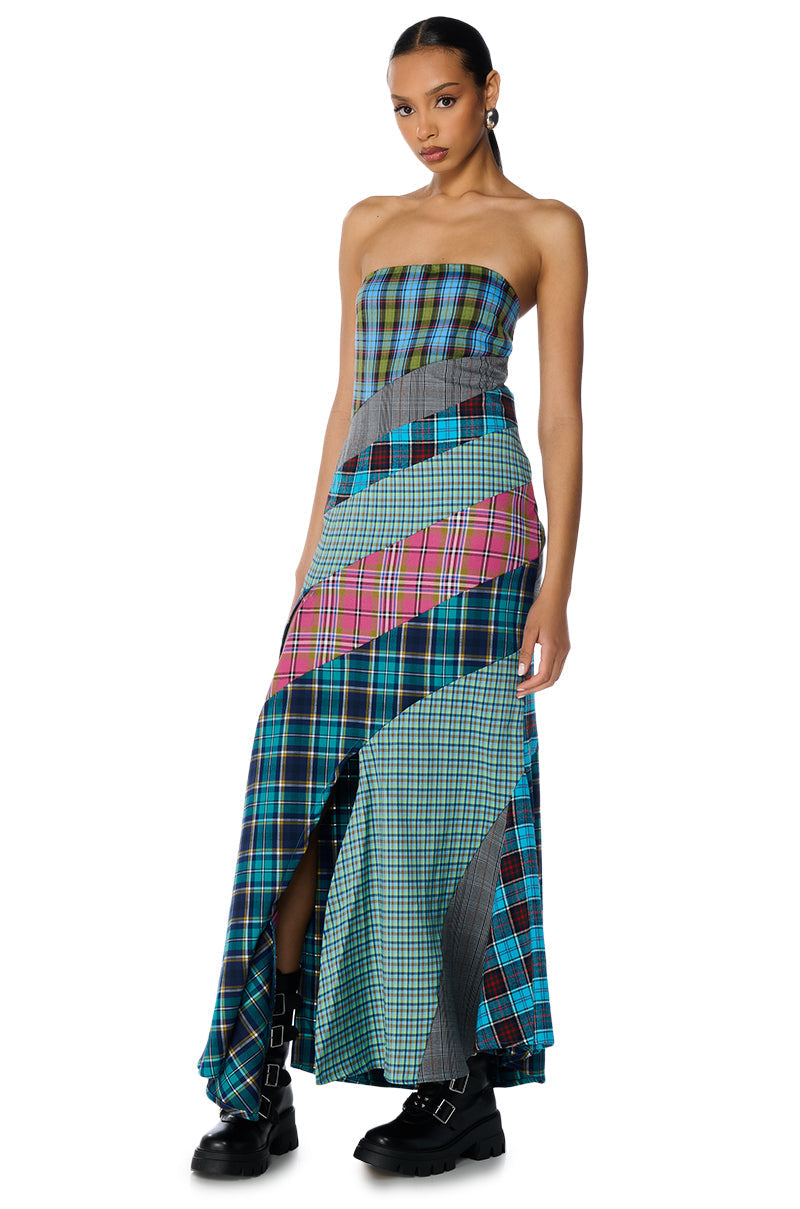 Celenor Strapless Plaid Patchwork Front Slit Maxi Dress
