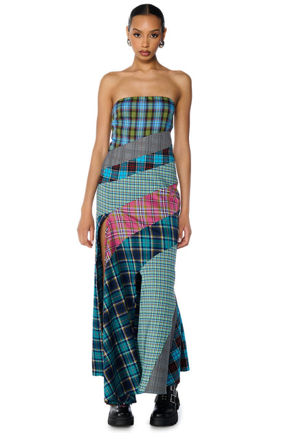Celenor Strapless Plaid Patchwork Front Slit Maxi Dress