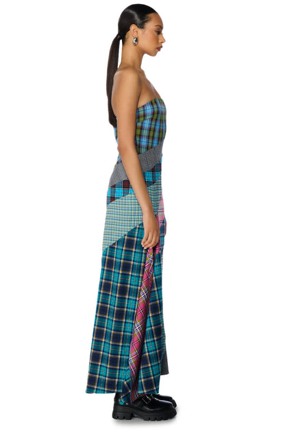 Celenor Strapless Plaid Patchwork Front Slit Maxi Dress