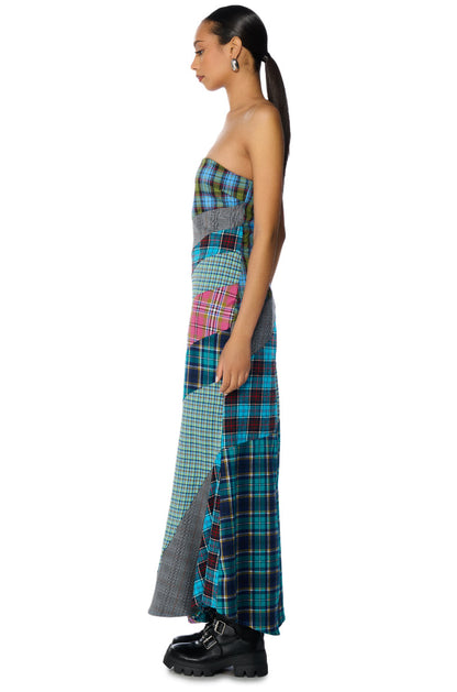 Celenor Strapless Plaid Patchwork Front Slit Maxi Dress