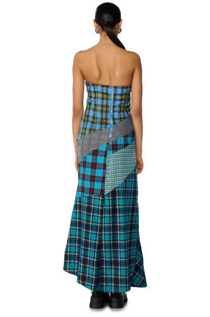 Celenor Strapless Plaid Patchwork Front Slit Maxi Dress