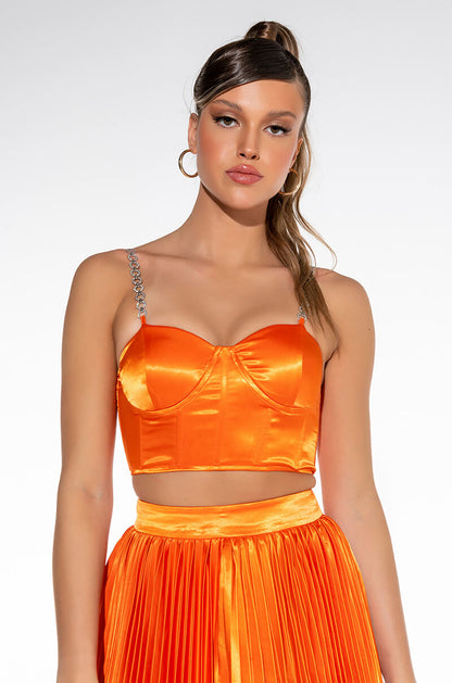 Celenor Orange Satin Rhinestone Chain Strap Bustier Crop Top