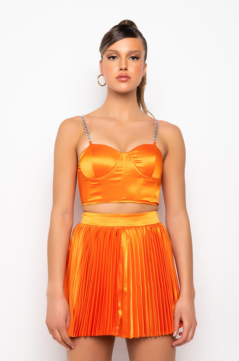 Celenor Orange Satin Rhinestone Chain Strap Bustier Crop Top