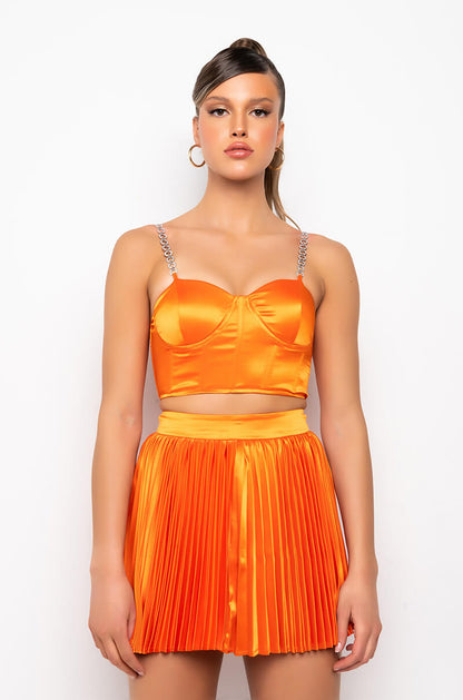 Celenor Orange Satin Rhinestone Chain Strap Bustier Crop Top