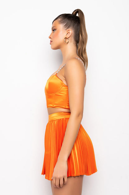 Celenor Orange Satin Rhinestone Chain Strap Bustier Crop Top