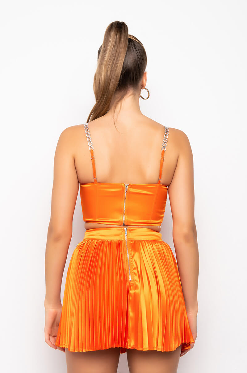 Celenor Orange Satin Rhinestone Chain Strap Bustier Crop Top