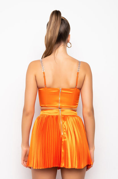 Celenor Orange Satin Rhinestone Chain Strap Bustier Crop Top
